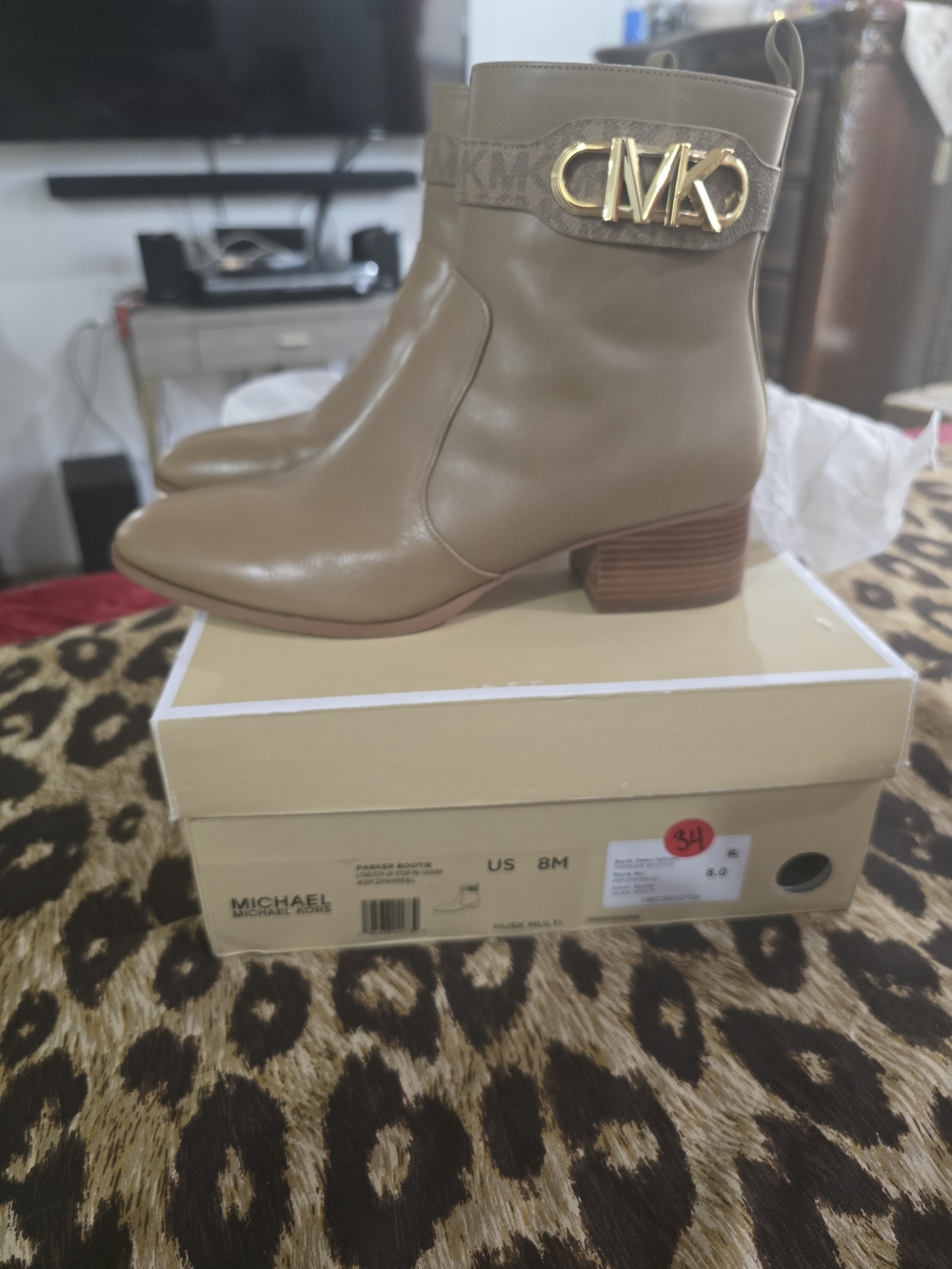 MICHAEL Michael Kors Taupe Leather Ankle Booties with Gold MK Accent